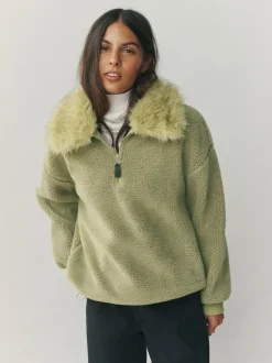 Next Sage Green Borg Quarter Zip Fleece with Fur Collar Clearance