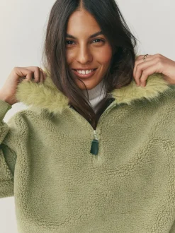 Next Sage Green Borg Quarter Zip Fleece with Fur Collar Clearance