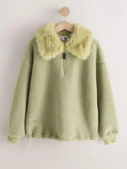 Next Sage Green Borg Quarter Zip Fleece with Fur Collar Clearance