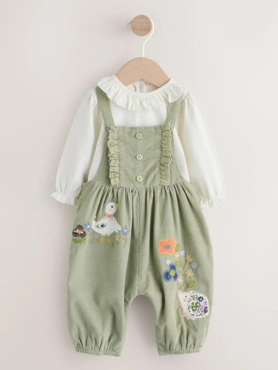 Next Sage Green Embroidered Long Sleeve Bodysuit and Cord Dungaree 2 Piece Baby Set (0mths-3yrs) New