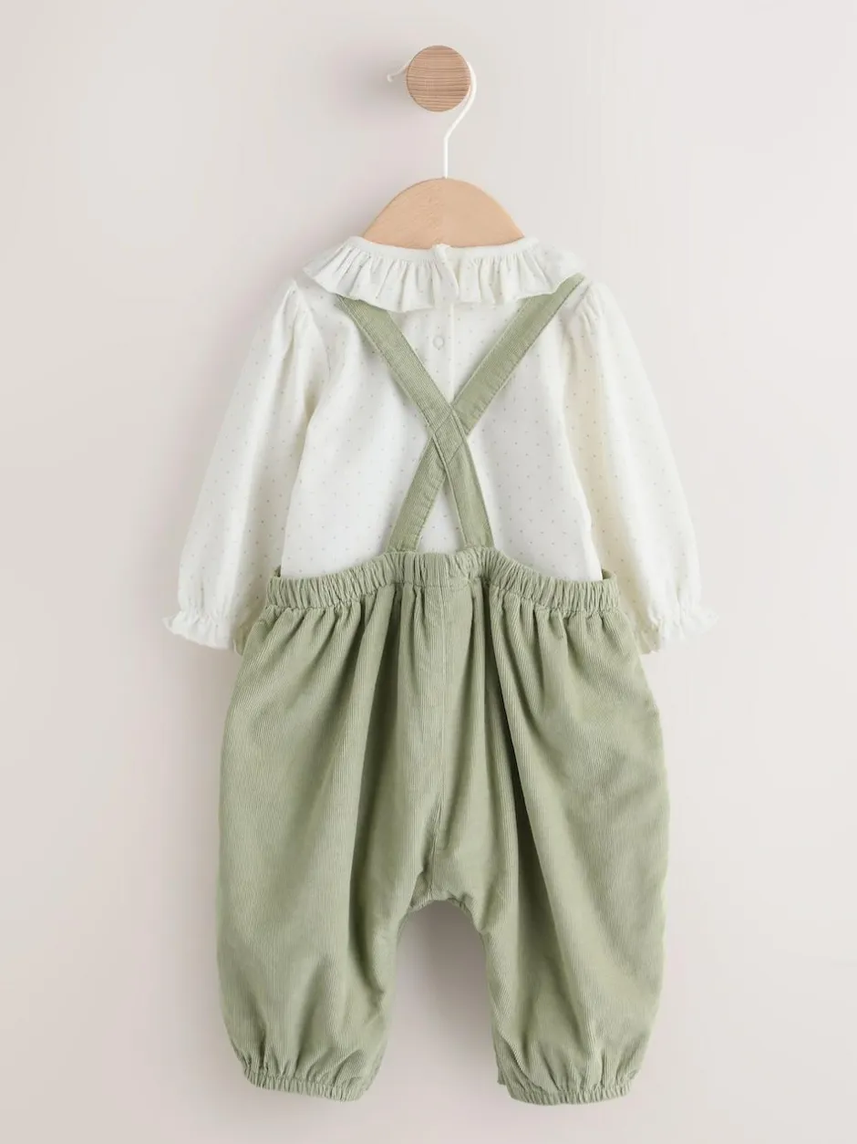 Next Sage Green Embroidered Long Sleeve Bodysuit and Cord Dungaree 2 Piece Baby Set (0mths-3yrs) New