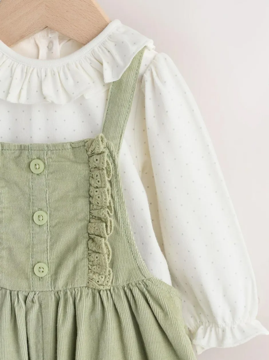 Next Sage Green Embroidered Long Sleeve Bodysuit and Cord Dungaree 2 Piece Baby Set (0mths-3yrs) New