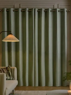 Next Fine Chenille Lined Eyelet Curtains Sage Green Discount