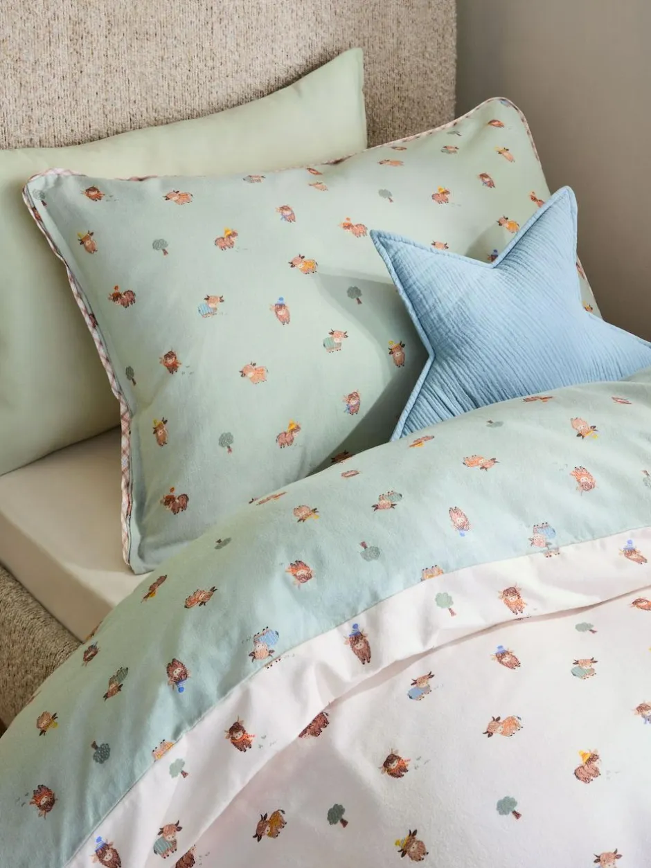 Next Duvet Cover and Pillowcase Set Sage Green Hamish the Cow Supersoft Brushed Cotton Hot
