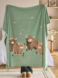 Next Sage Green Hamish The Highland Cow Spring Printed Fleece Throw Hot