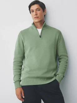 Next Sage Green Plain N.Premium Regular Fit 100% Cotton Premium Quarter Zip Jumper Sale