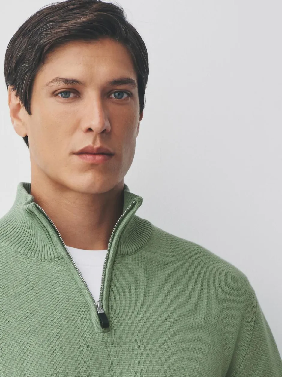 Next Sage Green Plain N.Premium Regular Fit 100% Cotton Premium Quarter Zip Jumper Sale
