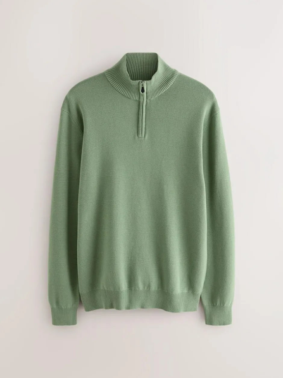 Next Sage Green Plain N.Premium Regular Fit 100% Cotton Premium Quarter Zip Jumper Sale