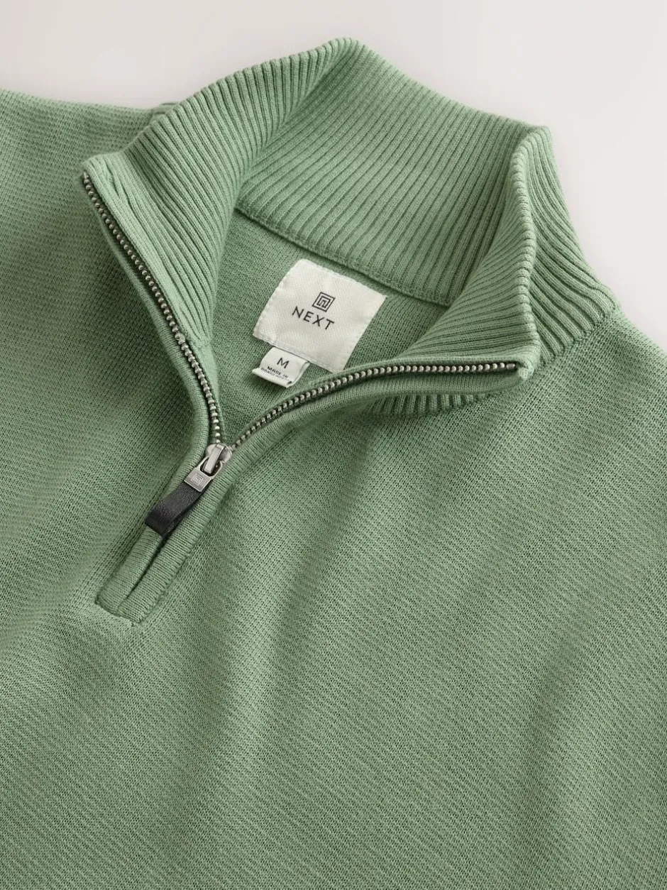 Next Sage Green Plain N.Premium Regular Fit 100% Cotton Premium Quarter Zip Jumper Sale
