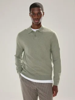 Next Plain Regular Fit Essential Long Sleeve Knitted Polo Shirt Sage Green New