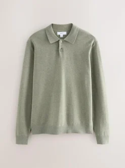 Next Plain Regular Fit Essential Long Sleeve Knitted Polo Shirt Sage Green New