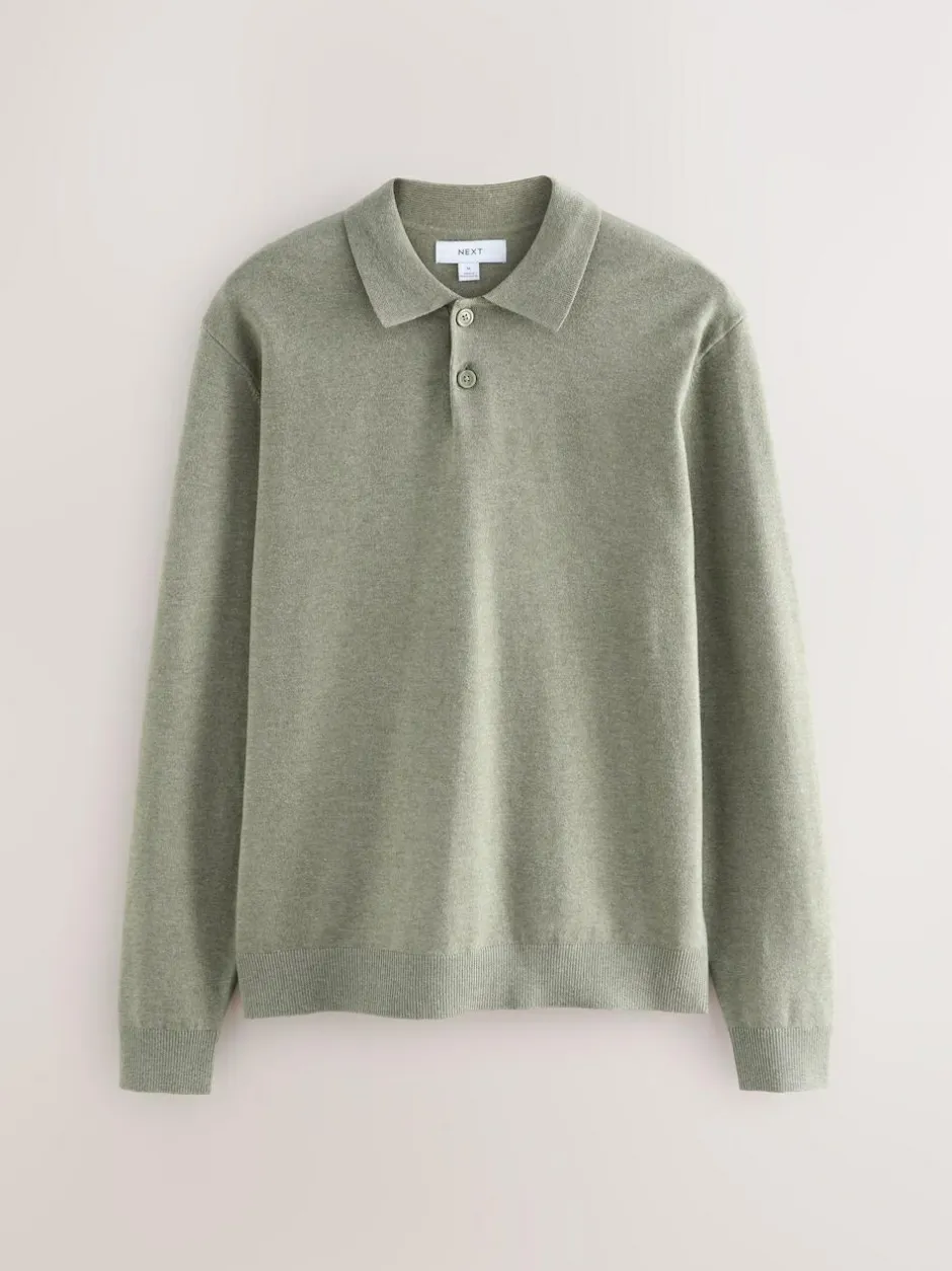 Next Plain Regular Fit Essential Long Sleeve Knitted Polo Shirt Sage Green New