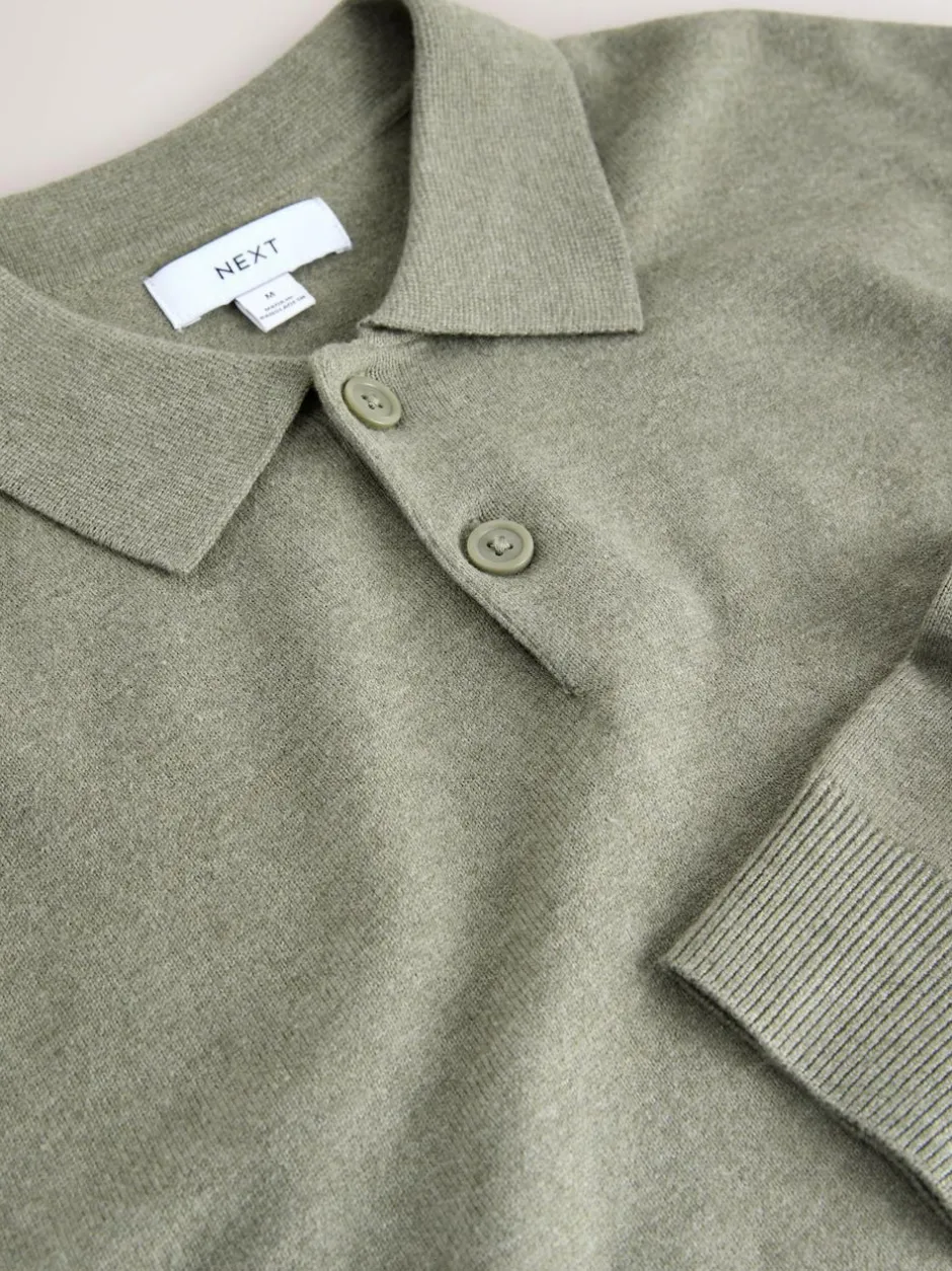 Next Plain Regular Fit Essential Long Sleeve Knitted Polo Shirt Sage Green New