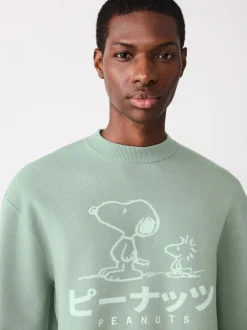 Next Sage Green Relaxed Fit Snoopy Graphic Print Crew Neck Jumper Hot