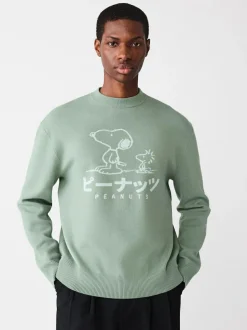 Next Sage Green Relaxed Fit Snoopy Graphic Print Crew Neck Jumper Hot