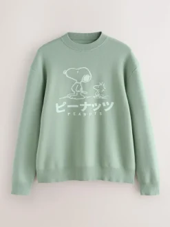 Next Sage Green Relaxed Fit Snoopy Graphic Print Crew Neck Jumper Hot