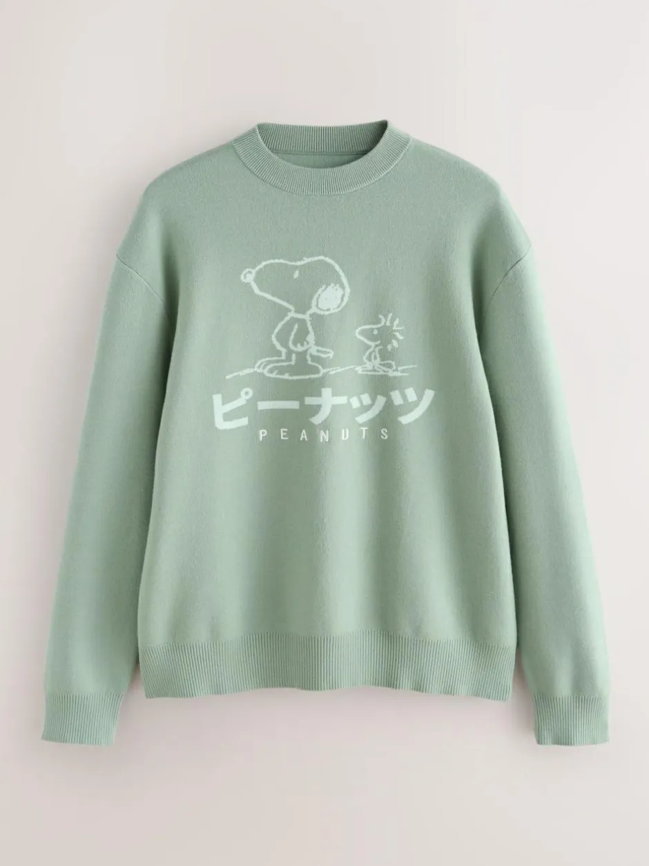 Next Sage Green Relaxed Fit Snoopy Graphic Print Crew Neck Jumper Hot