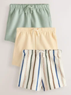 Next Textured Shorts 3 Pack (3mths-7yrs) Sage Green Soft Yellow and Pastel Stripe