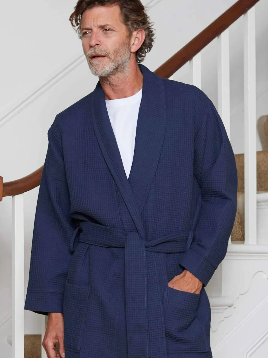 Savile Row Company Cotton Waffle Dressing Gown Navy Hot