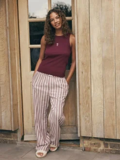 self. Burgundy Red Stripe Ribbed Vest Top and Long Leg Pyjamas Set Online