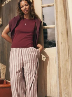 self. Burgundy Red Stripe Ribbed Vest Top and Long Leg Pyjamas Set Online