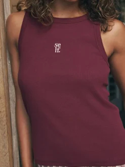 self. Burgundy Red Stripe Ribbed Vest Top and Long Leg Pyjamas Set Online
