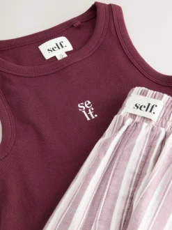 self. Burgundy Red Stripe Ribbed Vest Top and Long Leg Pyjamas Set Online