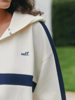 self. Ecru/Navy Half Zip Fleece Top Best