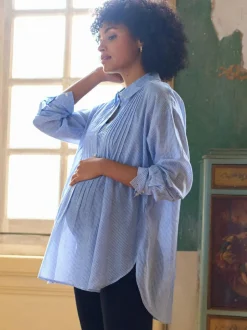 Seraphine Blue & White Stripe Maternity Pintuck Shirt Best