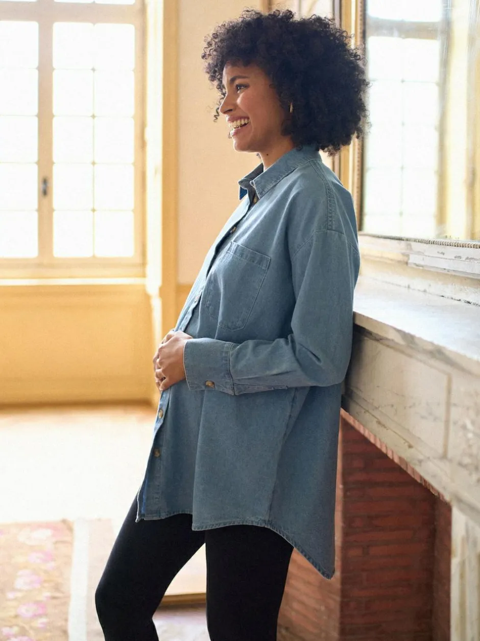 Seraphine Blue Denim Maternity & Nursing Shirt Dress New