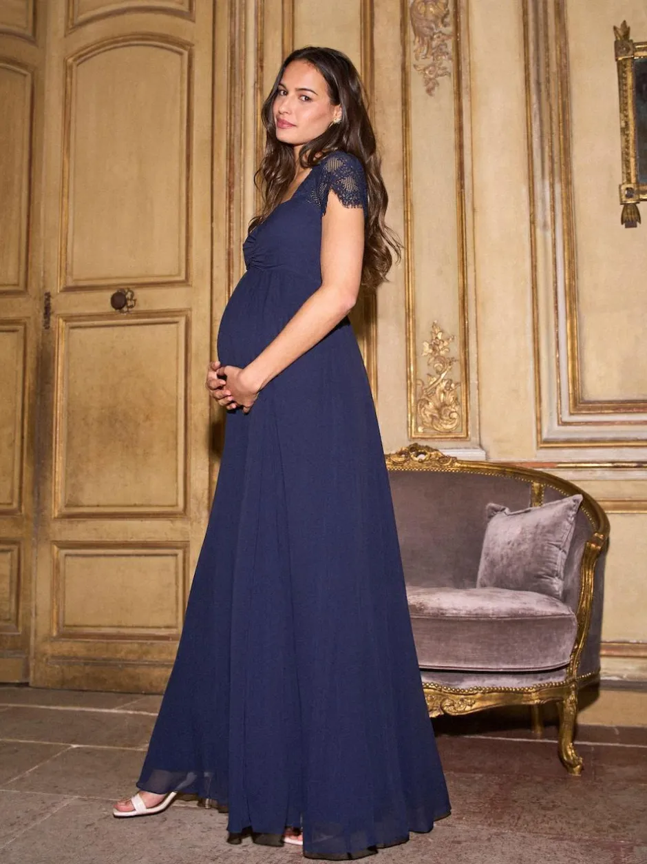 Seraphine Maternity Lace Sleeve Silk Premium Dress Midnight Blue Sale