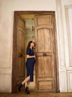 Seraphine Ribbed Maternity And Nursing Midi Dress Navy Blue