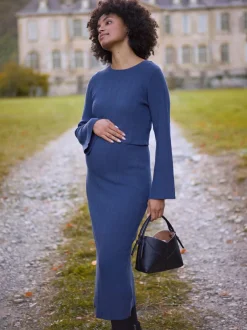 Seraphine Navy Blue Ribbed Knitted Maternity and Nursing Midi Dress Online