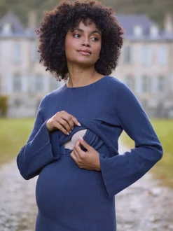 Seraphine Navy Blue Ribbed Knitted Maternity and Nursing Midi Dress Online