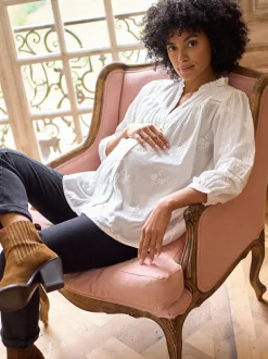 Seraphine White Ivory Maternity & Nursing Cotton Embroidered Blouse New