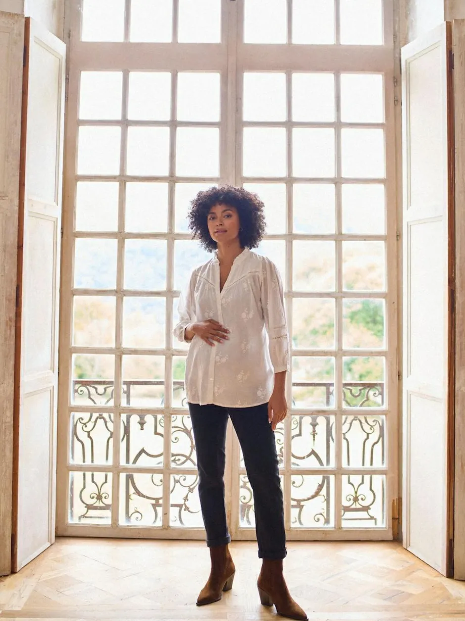 Seraphine White Ivory Maternity & Nursing Cotton Embroidered Blouse New