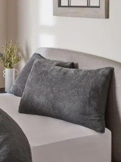 Next Set of 2 Charcoal Grey Teddy Fleece Pillowcases New