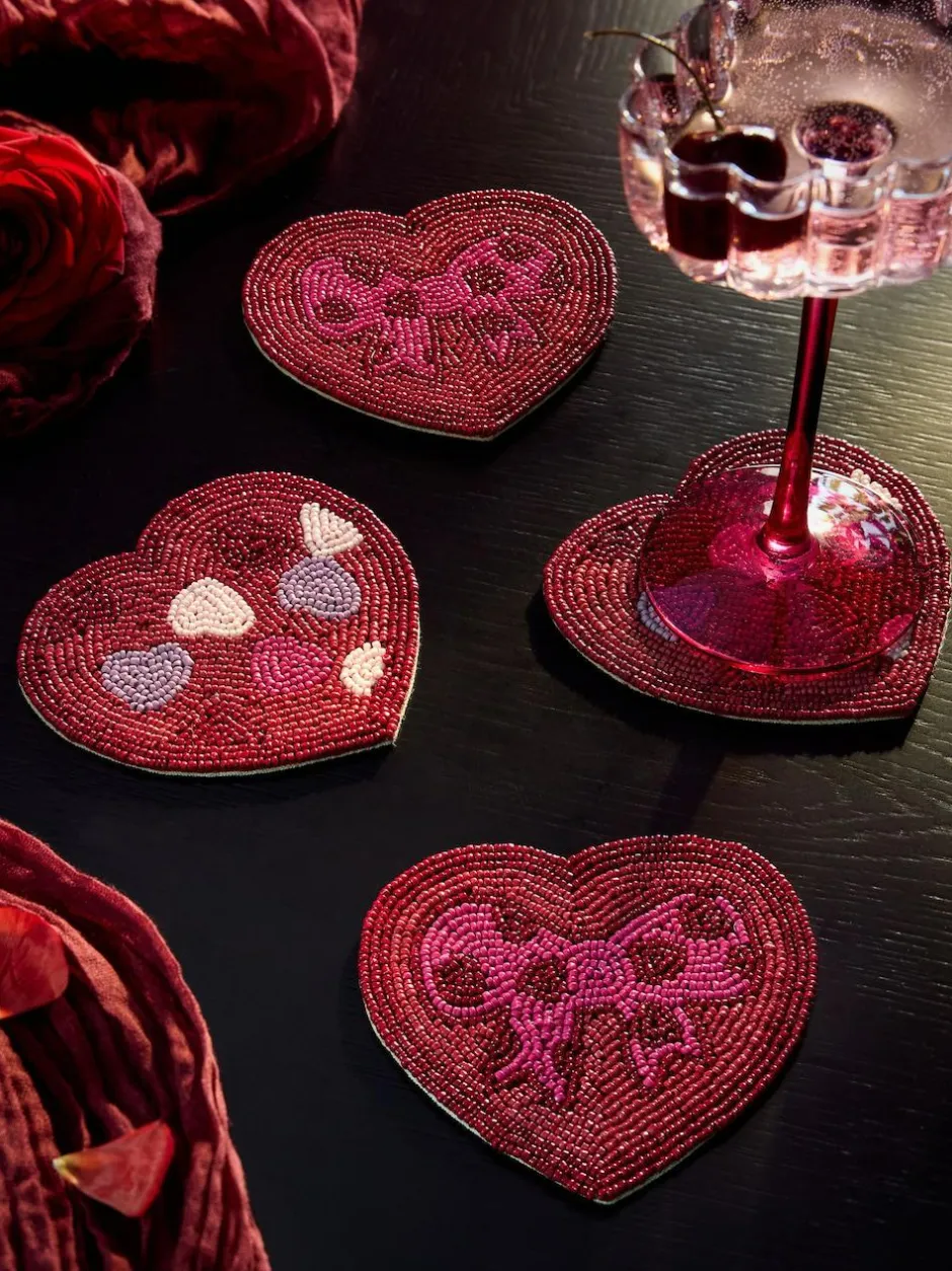 Next Set of 4 Pink Beaded Heart and Bow Coasters