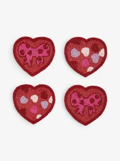 Next Set of 4 Pink Beaded Heart and Bow Coasters