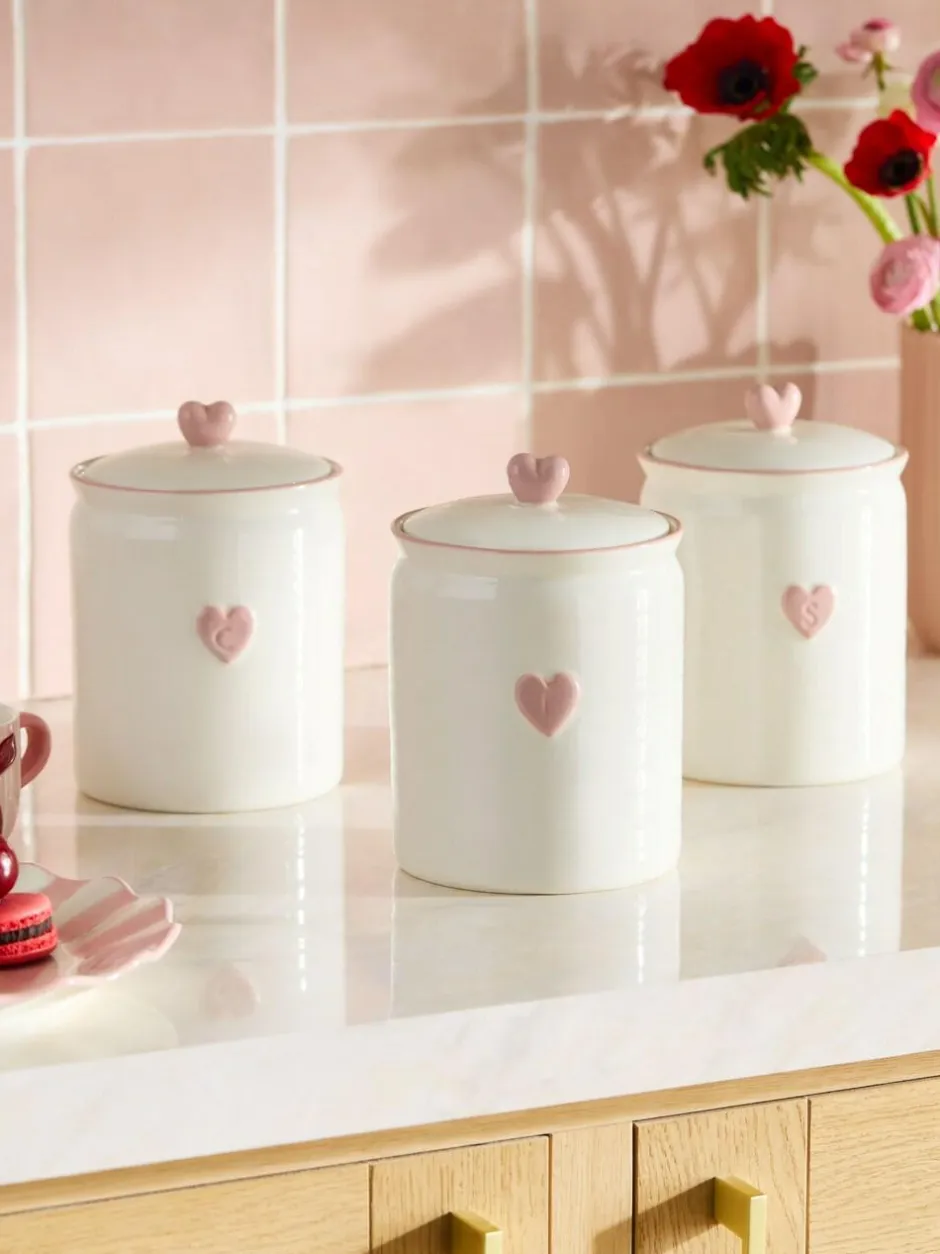 Next Set of 3 Pink Heart Ceramic Storage Jars Clearance