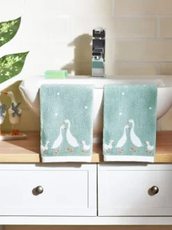 Next Set of 2 Teal Blue 100% Cotton Geese Face Cloths Sale