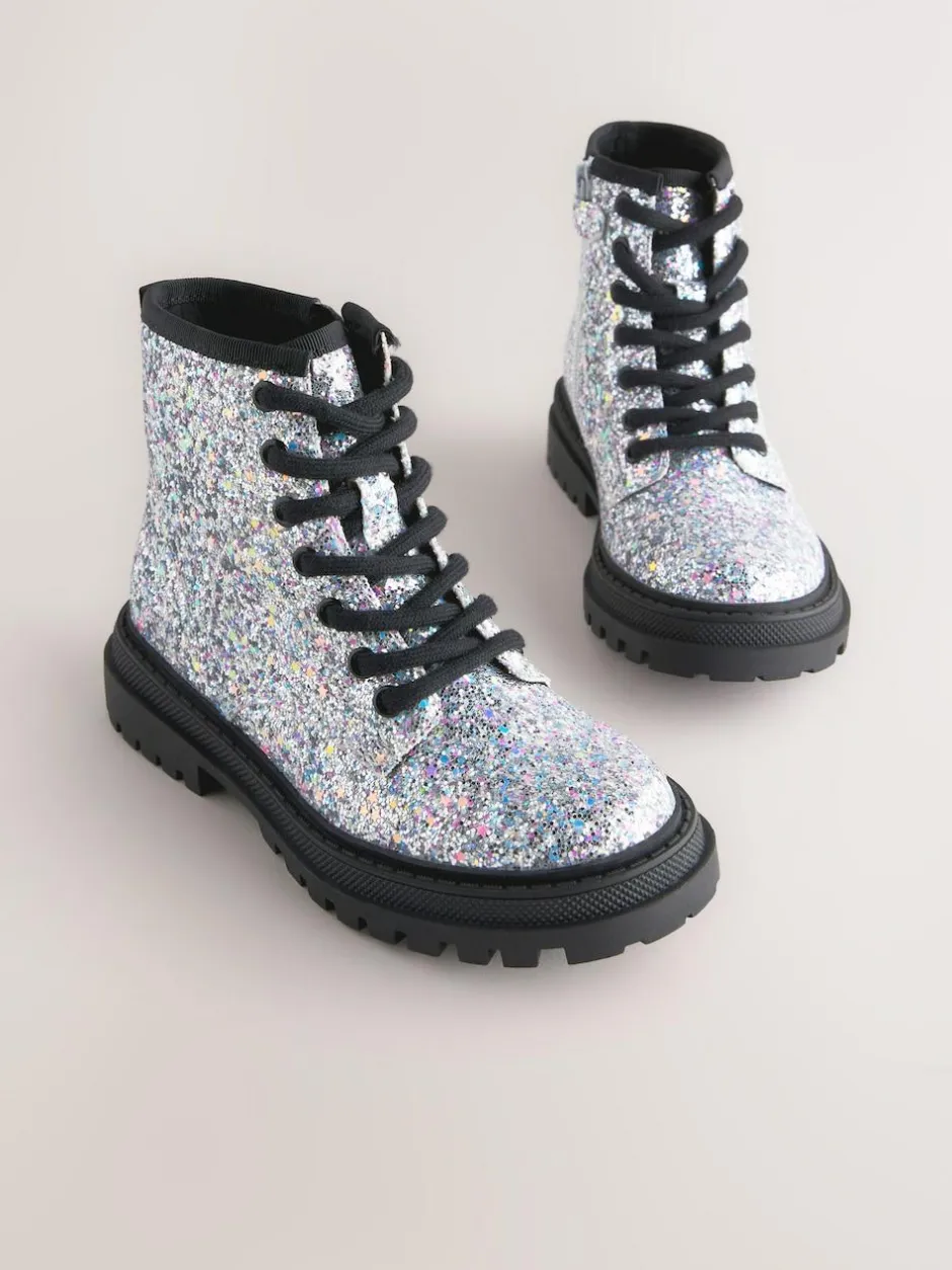 Next Silver Glitter Wide Fit (G) Warm Lined Lace-Up Ankle Boots Discount