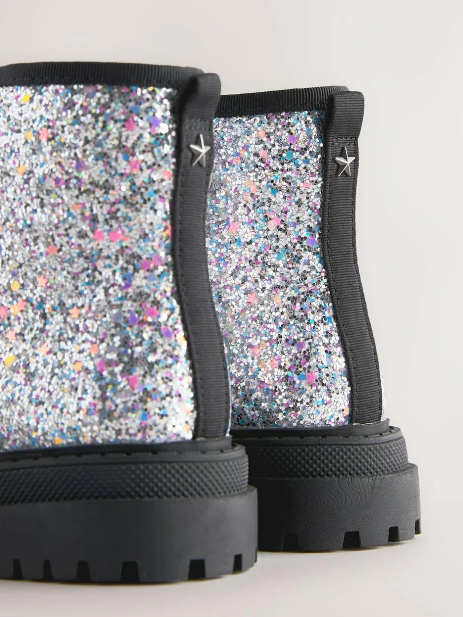 Next Silver Glitter Wide Fit (G) Warm Lined Lace-Up Ankle Boots Discount
