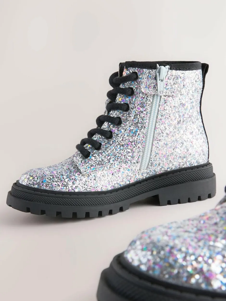 Next Silver Glitter Wide Fit (G) Warm Lined Lace-Up Ankle Boots Discount