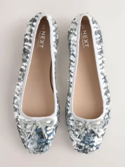 Next Silver Sequin Standard/Wide Fit Round Toe Ballerina Shoes Discount