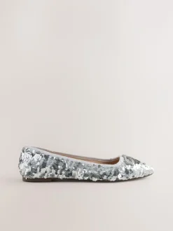 Next Silver Sequin Standard/Wide Fit Round Toe Ballerina Shoes Discount