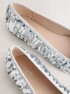 Next Silver Sequin Standard/Wide Fit Round Toe Ballerina Shoes Discount