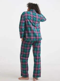 Simply Be Green Pretty Secrets Lurex Check Button Through Pyjamas Set Clearance