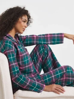 Simply Be Green Pretty Secrets Lurex Check Button Through Pyjamas Set Clearance