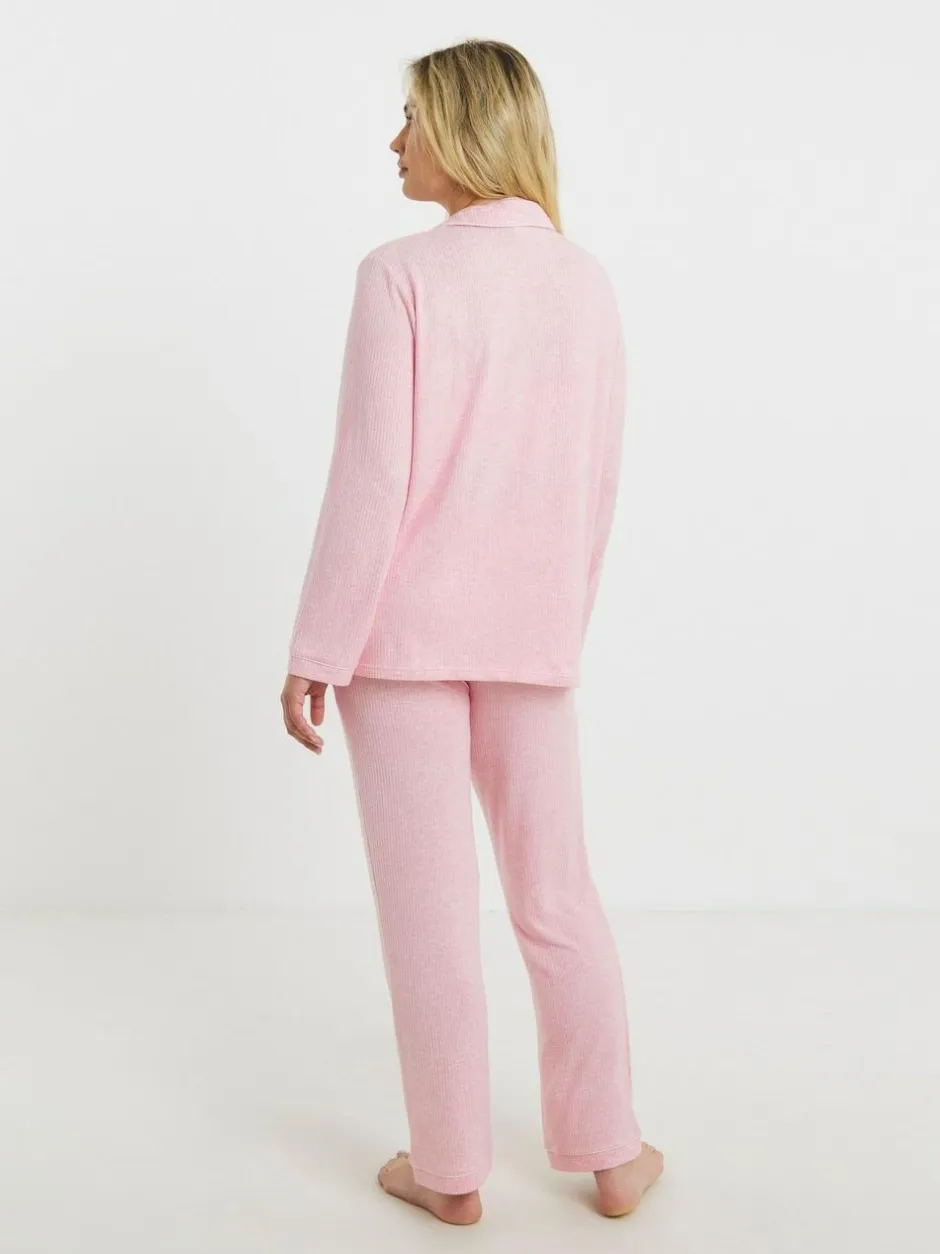 Simply Be Pink Pretty Secrets Brushed Ribbed Button Through Pyjama Set Online
